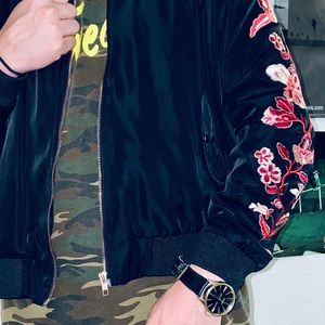 Black jacket with ruby gold zipper and pink floral